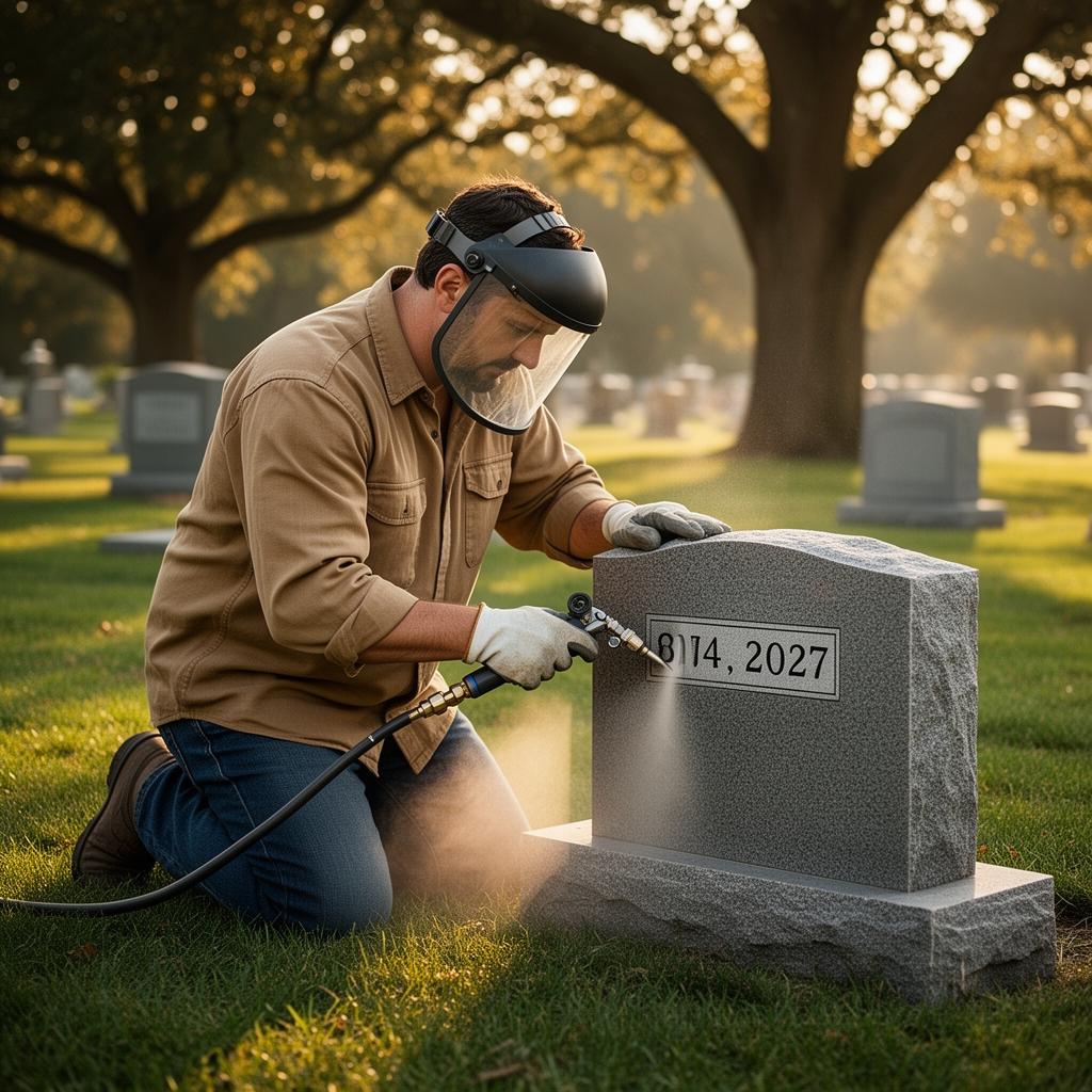 Craftsman performing on-site final date engraving on a granite headstone
