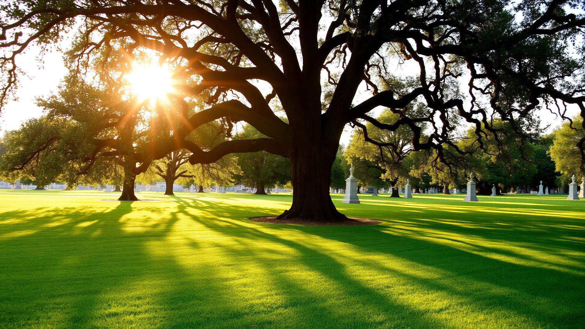 Peaceful cemetery at golden hour with mature trees